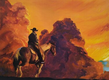 Painting titled "Wild West and a cow…" by Yanis Salimov, Original Artwork, Oil Mounted on Wood Panel