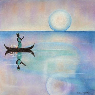 Peinture intitulée "Boat with Moon" par Sally Appleby, Œuvre d'art originale, Huile