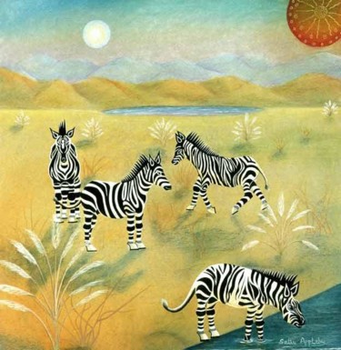 Peinture intitulée "Four Zebras" par Sally Appleby, Œuvre d'art originale, Huile