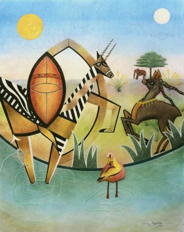 Peinture intitulée "Zebra with Flamingo" par Sally Appleby, Œuvre d'art originale, Huile