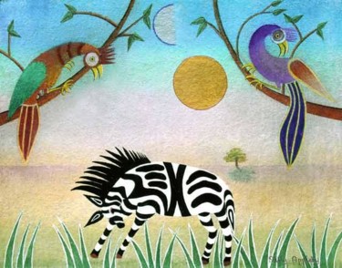 Peinture intitulée "Zebra and Birds N° 3" par Sally Appleby, Œuvre d'art originale, Huile
