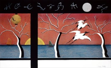 Peinture intitulée "Japanese Storks" par Sally Appleby, Œuvre d'art originale, Huile