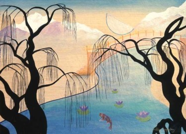 Peinture intitulée "Willows with River" par Sally Appleby, Œuvre d'art originale, Huile