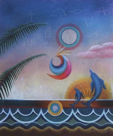 Peinture intitulée "Moon Bird and Dolph…" par Sally Appleby, Œuvre d'art originale, Huile