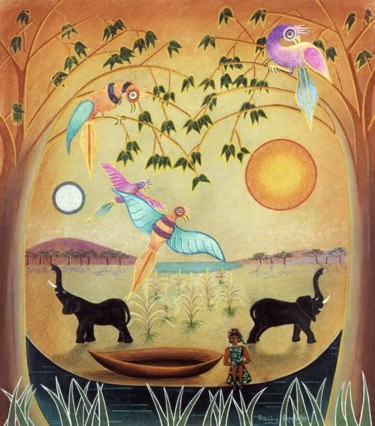 Peinture intitulée "Elephants & Birds" par Sally Appleby, Œuvre d'art originale, Huile