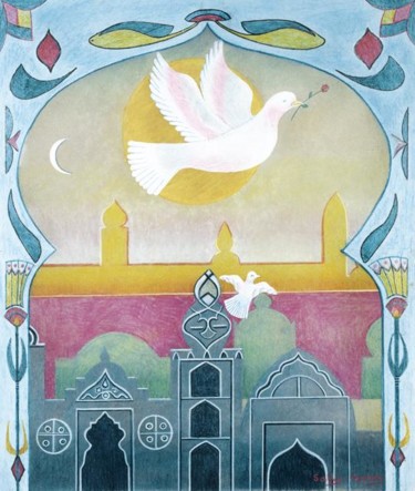 Peinture intitulée "Dove with BLue Arch" par Sally Appleby, Œuvre d'art originale, Huile