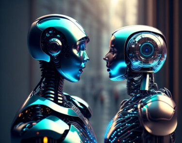 Digitale Kunst getiteld "Love in robot eyes" door Salomon Hazan, Origineel Kunstwerk, AI gegenereerde afbeelding