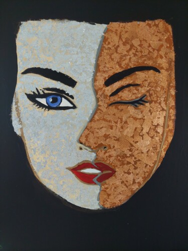 Painting titled "FACE DOUBLE" by Saloua Mercier, Original Artwork, Acrylic Mounted on Wood Stretcher frame