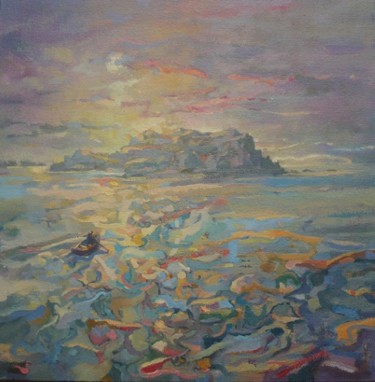 Painting titled "Bote con isla" by Salvador Velarde, Original Artwork, Oil