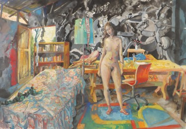 Pintura titulada "Desnudo II" por Salvador Velarde, Obra de arte original, Témpera