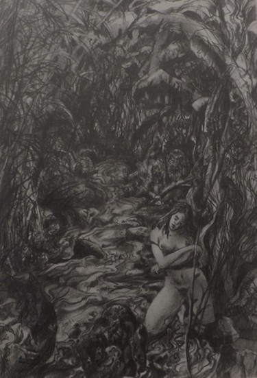 Dibujo titulada "Mujer en el riachue…" por Salvador Velarde, Obra de arte original, Lápiz