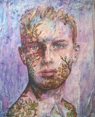 Картина под названием "Flowered portrait" - Salvatore Castellino, Подлинное произведение искусства, Акрил