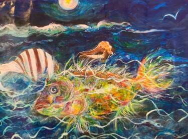 Painting titled "Sunfish" by Salvatore Di Meo, Original Artwork, Oil Mounted on Wood Stretcher frame