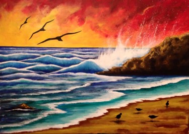 Painting titled "Mare al tramonto" by Salvatore Petrucino, Original Artwork, Acrylic Mounted on Wood Stretcher frame