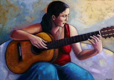Painting titled "lezione-di-chitarra…" by Salvatore Detto Valò Fiumanò, Original Artwork, Oil