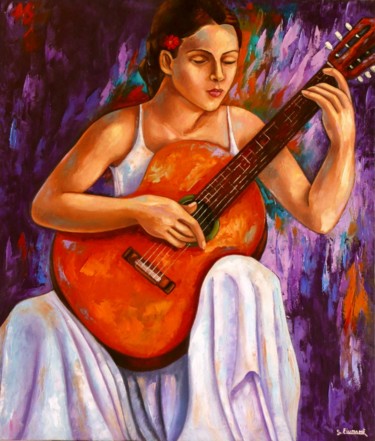 Painting titled "La-chitarrista-olio…" by Salvatore Detto Valò Fiumanò, Original Artwork, Oil