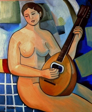 Peinture intitulée "nudo-con-mandolino-…" par Salvatore Detto Valò Fiumanò, Œuvre d'art originale, Huile