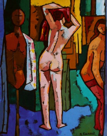 Peinture intitulée "L'atelier. olio spa…" par Salvatore Detto Valò Fiumanò, Œuvre d'art originale, Huile