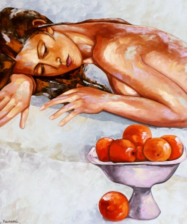 Painting titled "Donna con le arance…" by Salvatore Detto Valò Fiumanò, Original Artwork, Oil