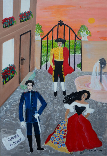 Schilderij getiteld "Carmen" door Salvatori, Origineel Kunstwerk, Olie Gemonteerd op Frame voor houten brancard