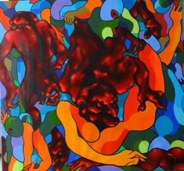 Peinture intitulée ""l'Enfer" 15" par Sam Keusseyan Gladiateur, Œuvre d'art originale, Acrylique