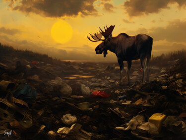 Digital Arts titled "Moose at Sunset" by Samael, Original Artwork, Digital Painting