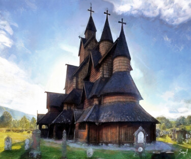 Digitale Kunst getiteld "Heddal Stave Church" door Samael, Origineel Kunstwerk, Digitaal Schilderwerk