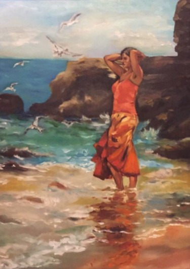 Pintura intitulada "girl & sea" por Samaneh Aminifar, Obras de arte originais, Óleo