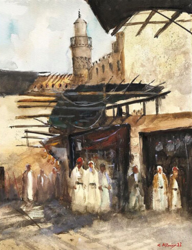 Painting titled "Old market in Mosul" by Samar Alzaidy, Original Artwork, Watercolor