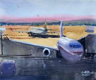 Painting titled "Airport" by Samar Alzaidy, Original Artwork, Watercolor