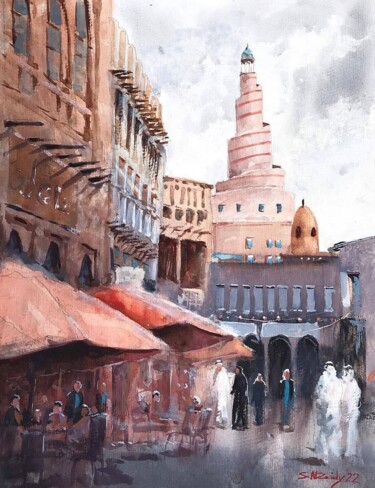 제목이 "Souq Waqif, Qatar"인 미술작품 Samar Alzaidy로, 원작, 수채화