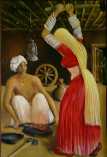Painting titled "Blacksmith and the…" by Sami Qureshi, Original Artwork, Oil