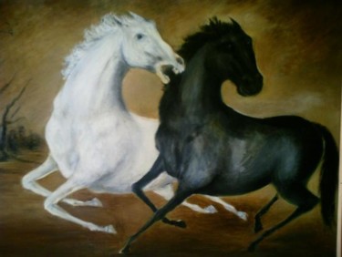Painting titled "Galloping Horses" by Sami Qureshi, Original Artwork, Oil