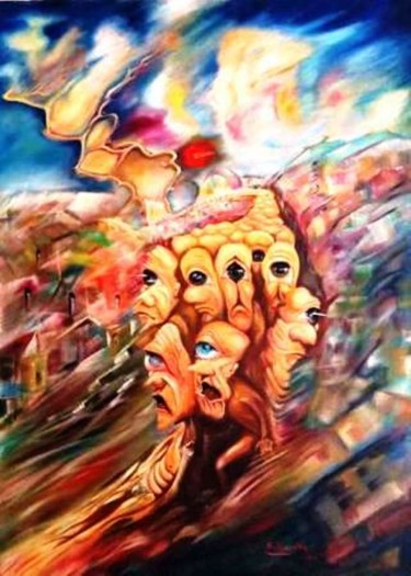 Pittura intitolato "la-caduta-dal-cielo…" da Samer Kassem, Opera d'arte originale, Olio