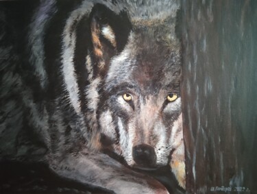 Pintura titulada "волк на отдыхе" por Shamil Pochtarev, Obra de arte original, Acrílico