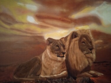 Painting titled "львы на отдыхе" by Shamil Pochtarev, Original Artwork, Acrylic