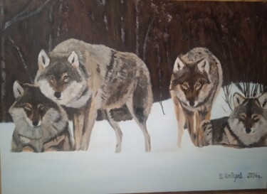 Картина под названием "волки на зимней пол…" - Шамиль Почтарев, Подлинное произведение искусства, Акрил