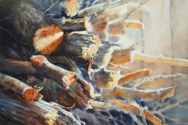 Firewood in the Sun (now at the exhibition) Painting titled "Firewood in the Sun…" by Samira Yanushkova, Original Art, Watercolor