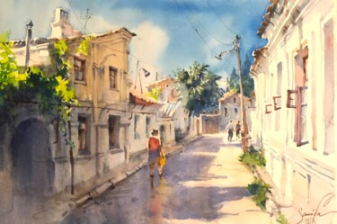 Schilderij getiteld "Backstreet. Waterco…" door Samira Yanushkova, Origineel Kunstwerk, Aquarel