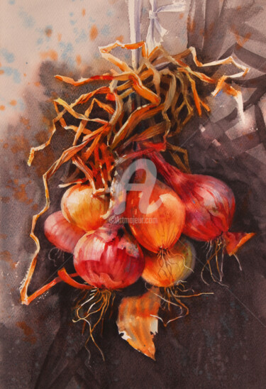 Painting titled "Onion" by Samira Yanushkova, Original Artwork, Watercolor