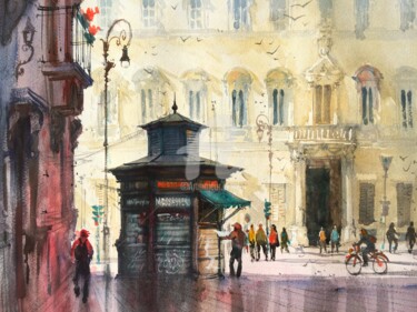 Painting titled "Newspaper stall in…" by Samira Yanushkova, Original Artwork, Watercolor