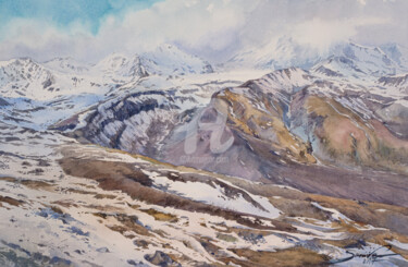 Pintura intitulada "Mountains - Landsca…" por Samira Yanushkova, Obras de arte originais, Aquarela
