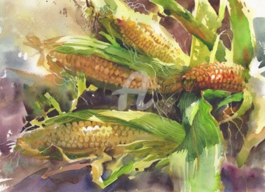 Painting titled "Corn sunny" by Samira Yanushkova, Original Artwork, Watercolor