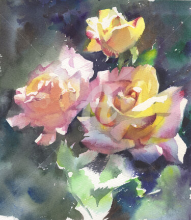 Painting titled "Flowers Roses" by Samira Yanushkova, Original Artwork, Watercolor