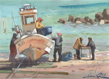 Картина под названием "Seascape in Italy P…" - Samira Yanushkova, Подлинное произведение искусства, Акварель