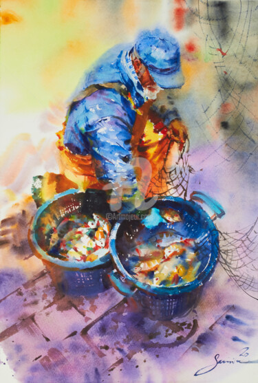 Pintura intitulada "Fisherman" por Samira Yanushkova, Obras de arte originais, Aquarela