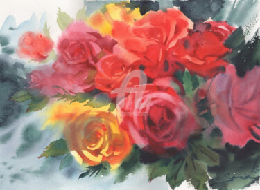 Pittura intitolato "Beautiful red rose…" da Samira Yanushkova, Opera d'arte originale, Acquarello