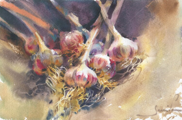 Peinture intitulée "Garlic on the sun" par Samira Yanushkova, Œuvre d'art originale, Aquarelle