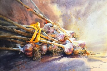 Painting titled "Garlic on the sun #…" by Samira Yanushkova, Original Artwork, Watercolor