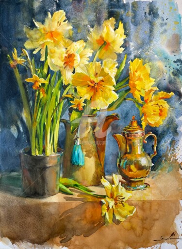Pintura intitulada "Yellow tulips" por Samira Yanushkova, Obras de arte originais, Aquarela
